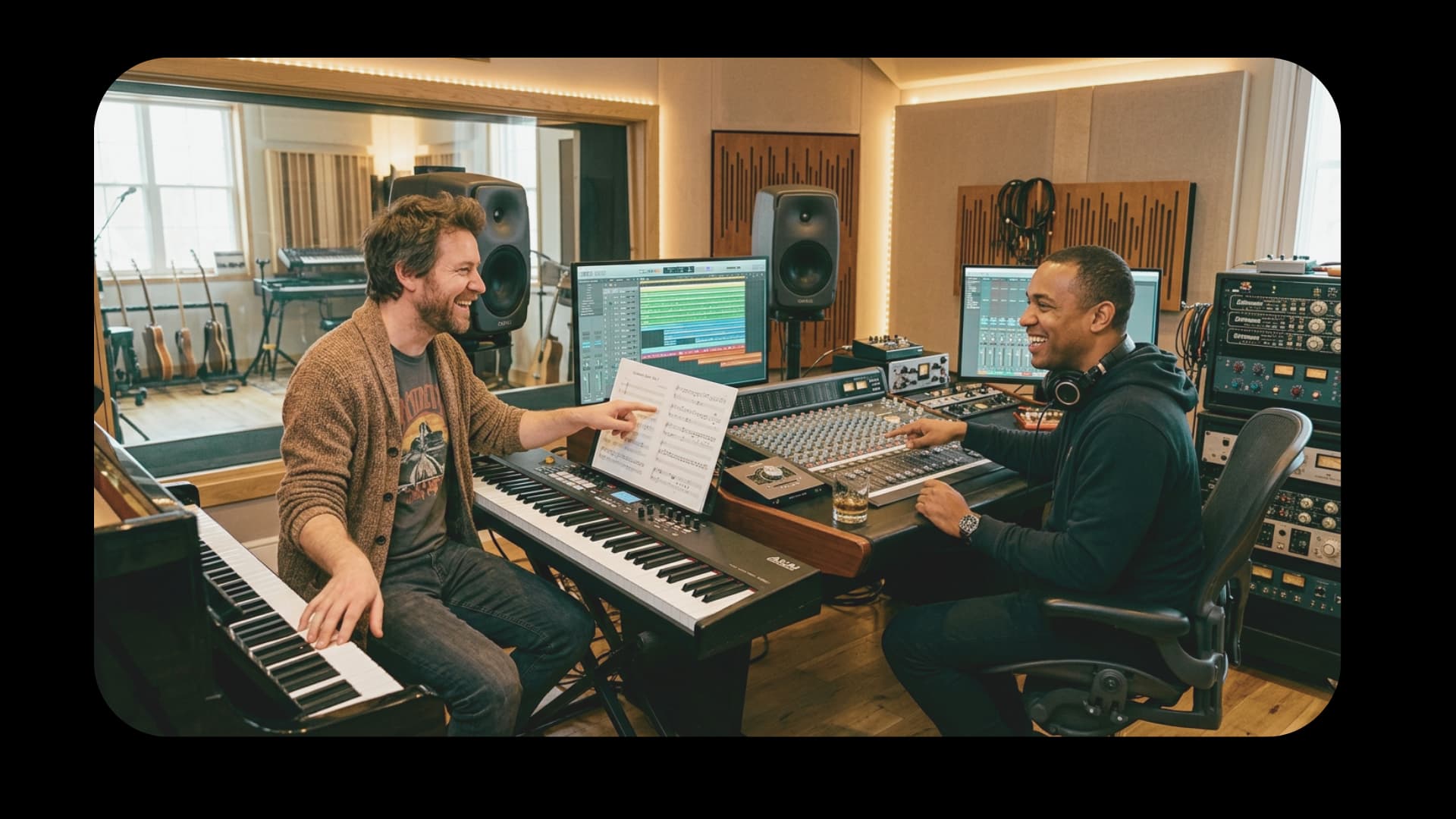 Productores humanos y compositores trabajando en el estudio